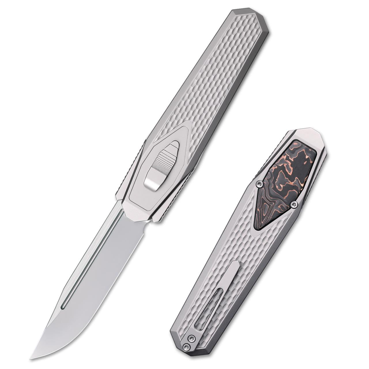 Remette Swordfish ZL101A4 – 3.03″ M390 drop point, titanium with copper mosaic inset, slide lock folding knife