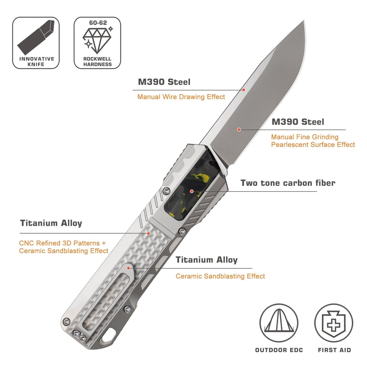 Remette ZL301A front view – 2.76" M390 drop point titanium folding knife