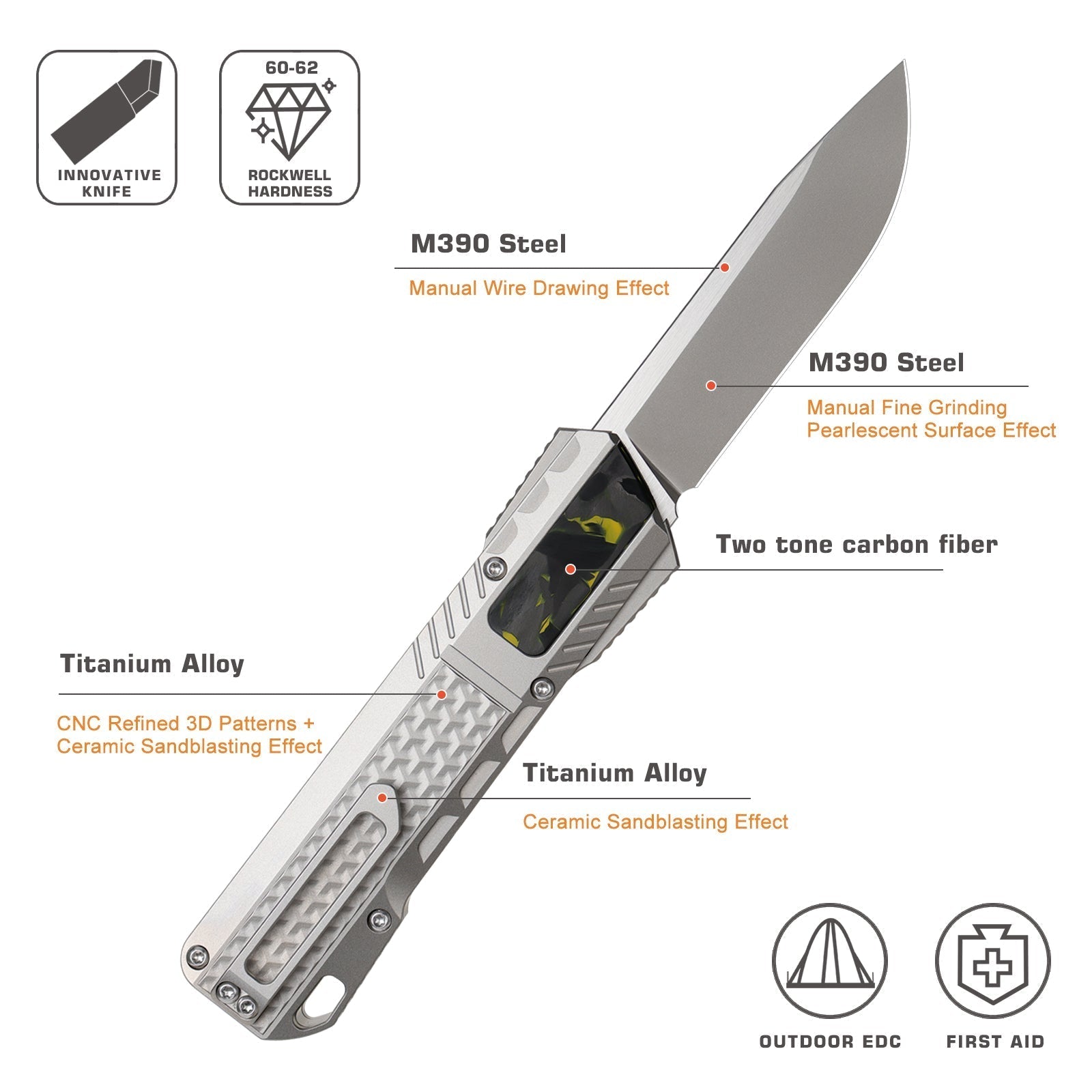 Remette ZL301A front view – 2.76" M390 drop point titanium folding knife