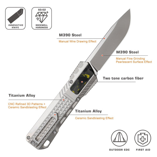 Remette ZL301A front view – 2.76" M390 drop point titanium folding knife