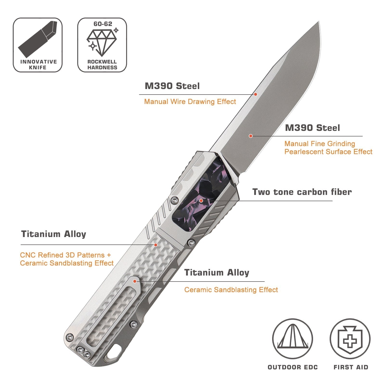 Remette ZL301B front view – 2.76" M390 drop point titanium folding knife