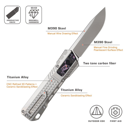 Remette ZL301B front view – 2.76" M390 drop point titanium folding knife