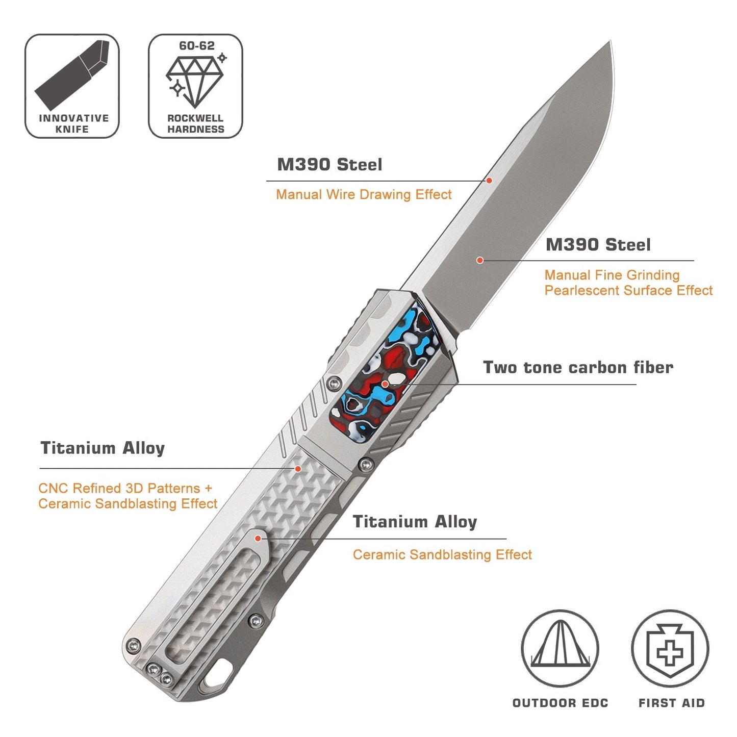 Remette ZL301C front view – 2.76" M390 drop point titanium folding knife