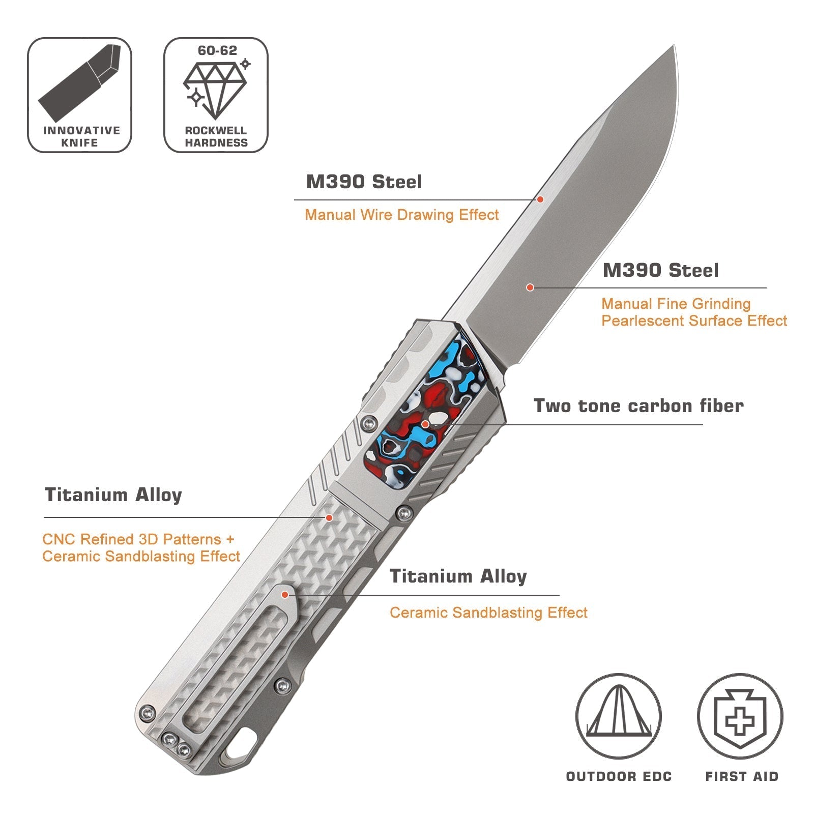 Remette ZL301C front view – 2.76" M390 drop point titanium folding knife
