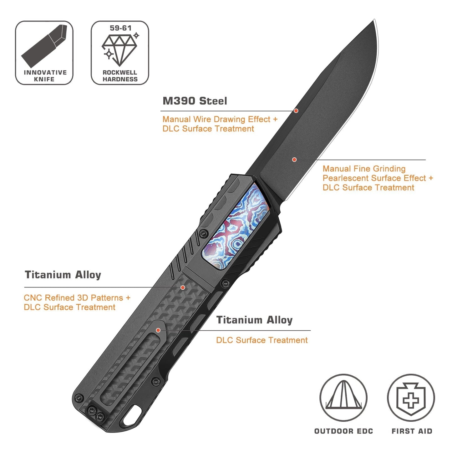 Remette ZL301D front view – 2.76" DLC M390 drop point titanium folding knife
