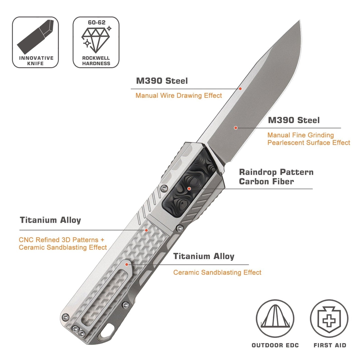 Remette ZL301E front view – 2.76" M390 drop point titanium folding knife