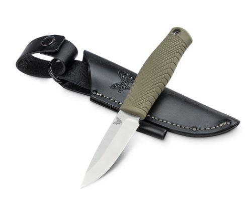 Benchmade 200 Puukko with black leather dangler sheath and ferro rod loop