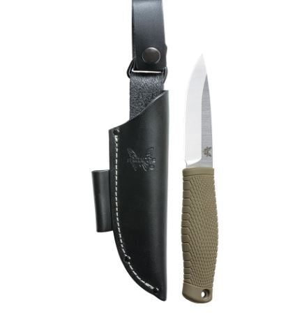 Benchmade 200 Puukko sheathed for belt carry, Finnish style bushcraft fixed blade