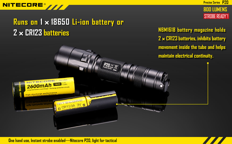 Nitecore P20 1 x 18650 / 2 (R)CR123A CREE XM-L2 T6 800 Lumen LED Flashlight