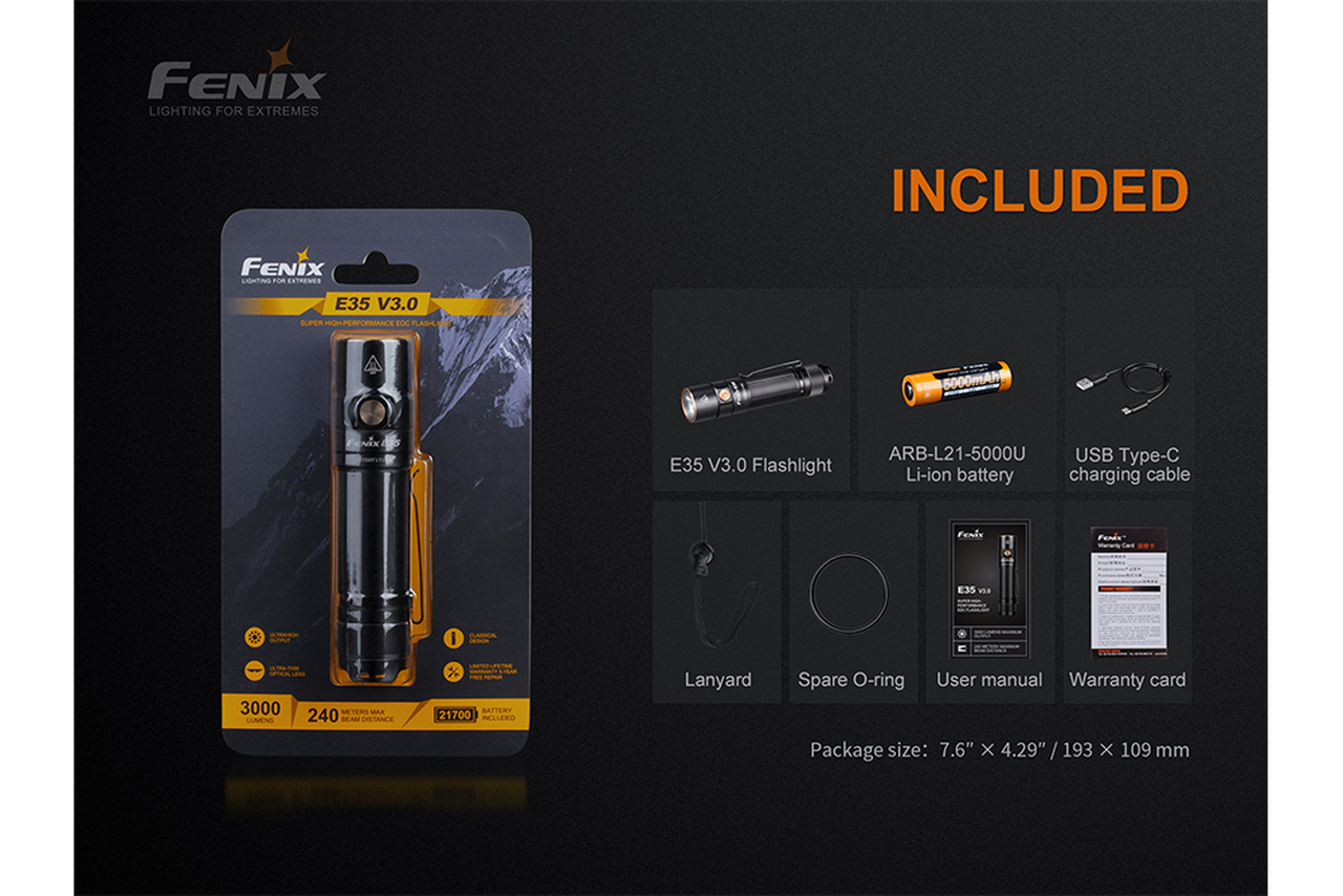 Fenix E35 V3.0 EDC Flashlight USB-C Rechargeable 3000 Lumens