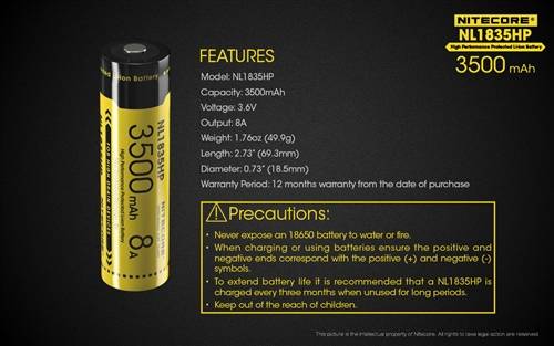 Nitecore 1835HP 3500MAH High Performance Li-Ion 18650 Battery