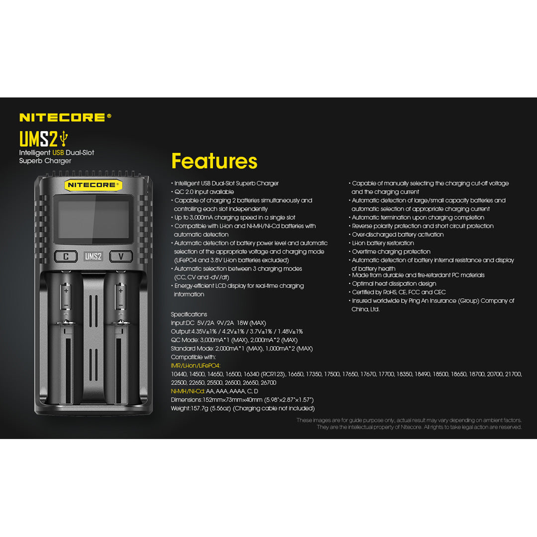 Nitecore UMS2 2-Slot Fast Charging Battery Charger