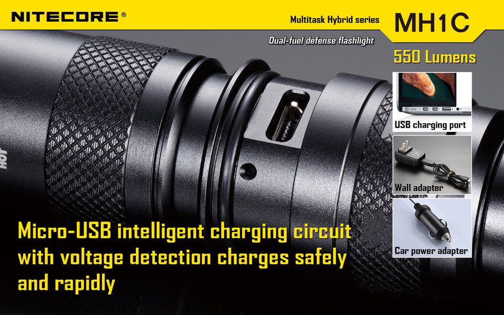 Nitecore Multi Task Hybrid Series MH1C 550 Lumen 1 x CR123 / RCR123 CREE XM-L U2 LED Rechargeable Flashlight
